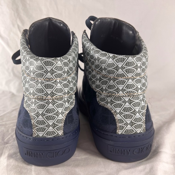 JIMMY CHOO Navy Blue Pattern Canvas Leather High Top Sneakers Marked as 45 12US - Picture 14 of 15